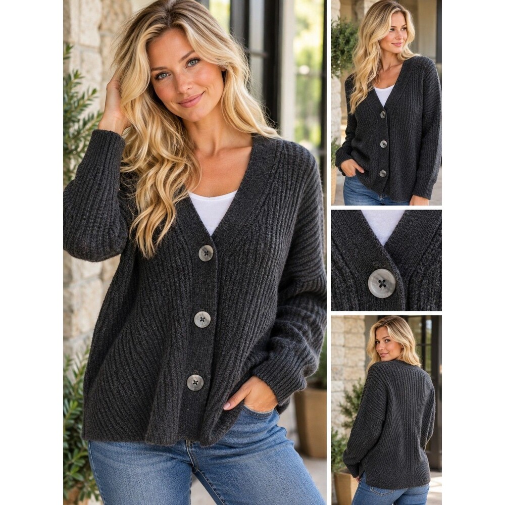 Cupcakes Cashmere Women’s Charcoal Gray Knit Button Cardigan Sweater Size Medium